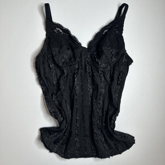 Y2K Black Lace Glitter Ruffle Cami Top Coquette Corset Lingerie Style S Goth - Picture 3 of 8